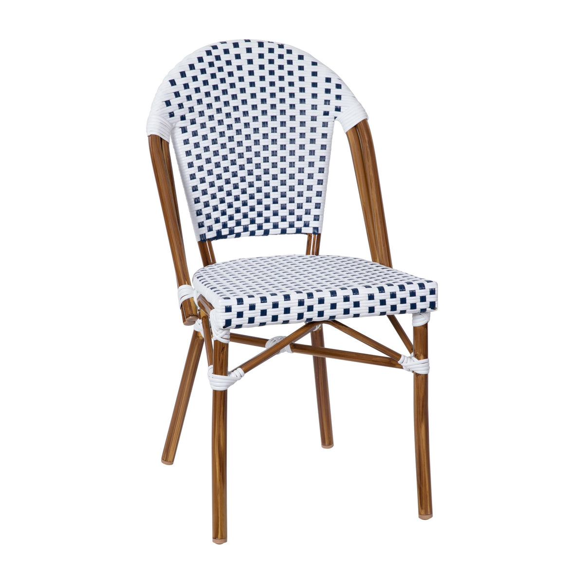 White & Navy Rattan/Natural Frame |#| Indoor/Outdoor Commercial Bistro Set with Table and 2 Chairs in Wht/Navy