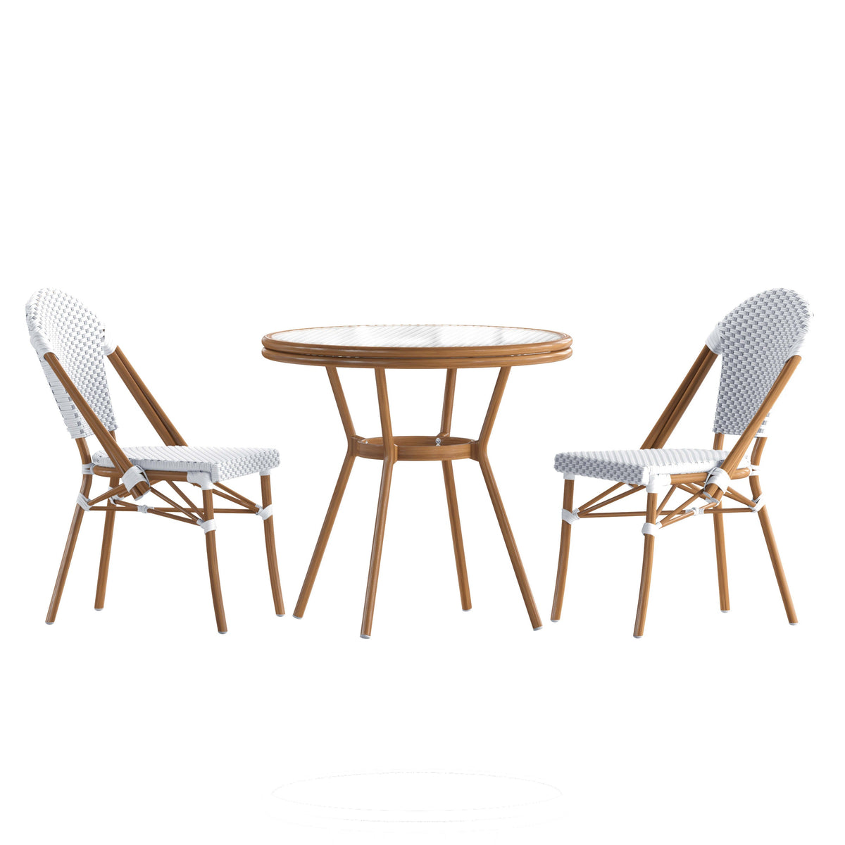 White & Gray Rattan/Natural Frame |#| Indoor/Outdoor Commercial Bistro Set with Table and 2 Chairs in Wht/Gray