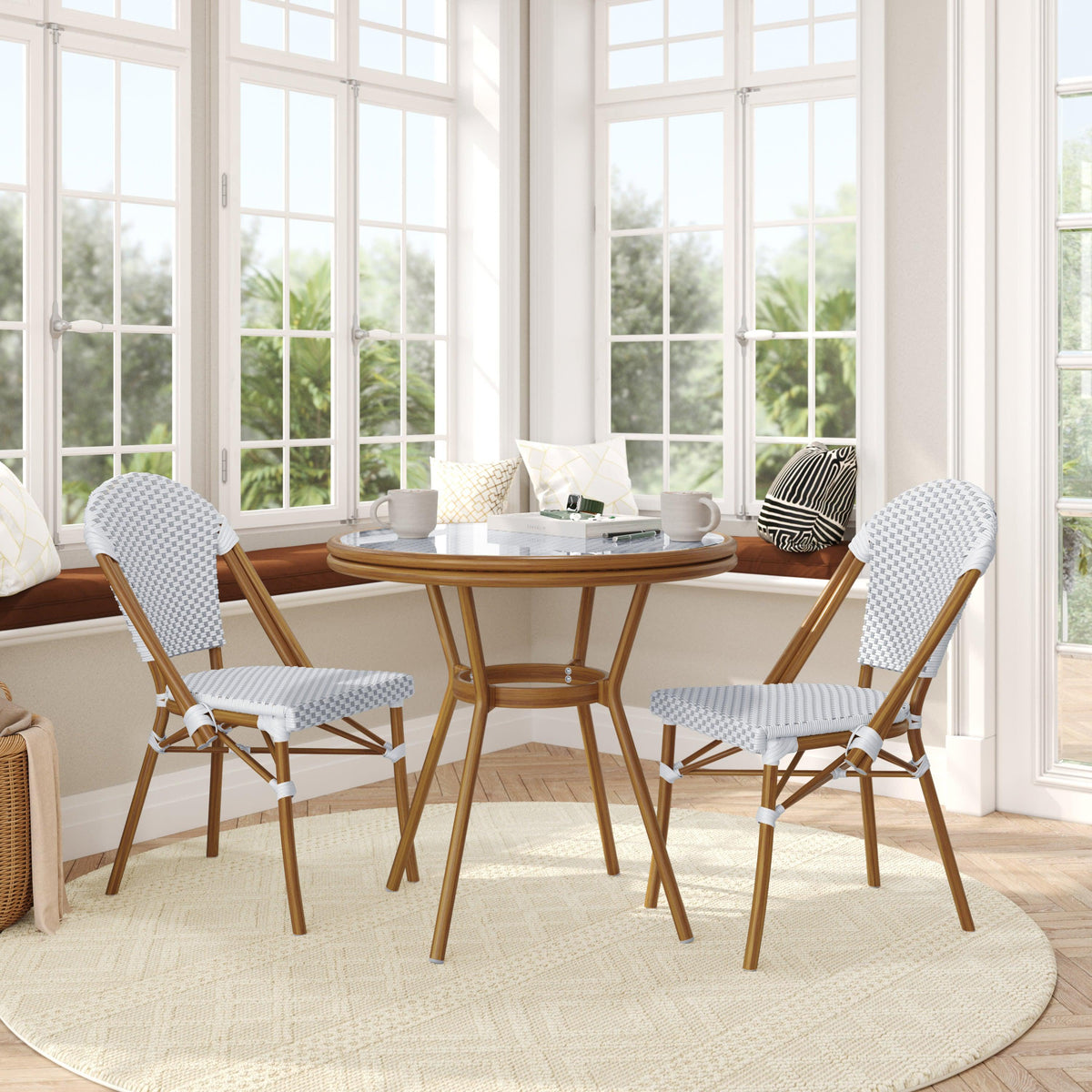 White & Gray Rattan/Natural Frame |#| Indoor/Outdoor Commercial Bistro Set with Table and 2 Chairs in Wht/Gray