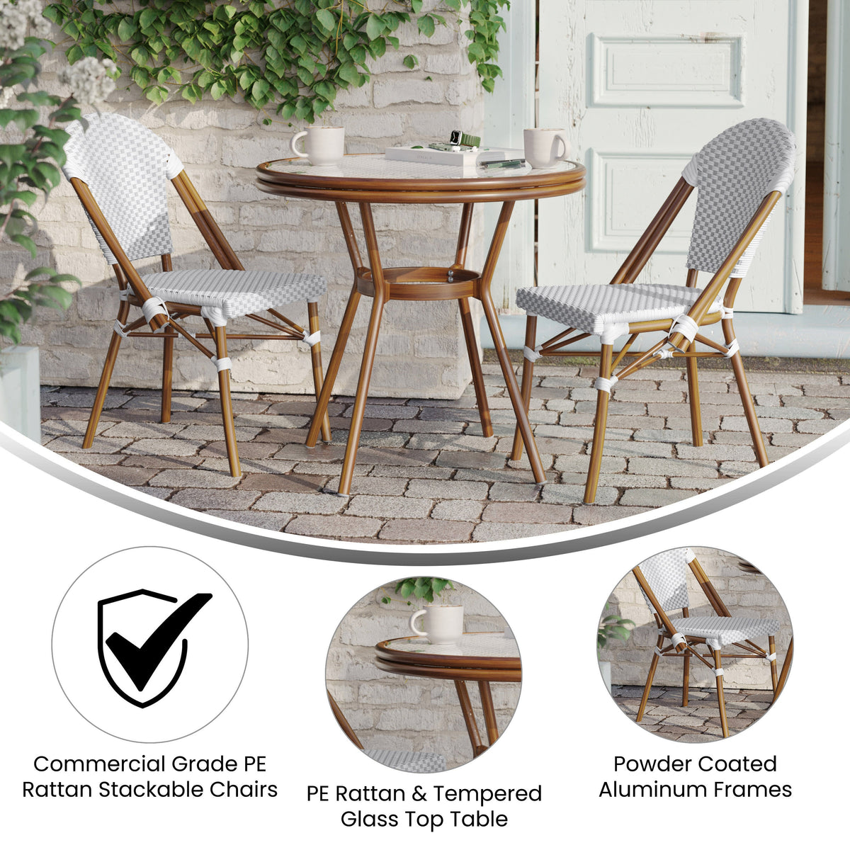 White & Gray Rattan/Natural Frame |#| Indoor/Outdoor Commercial Bistro Set with Table and 2 Chairs in Wht/Gray