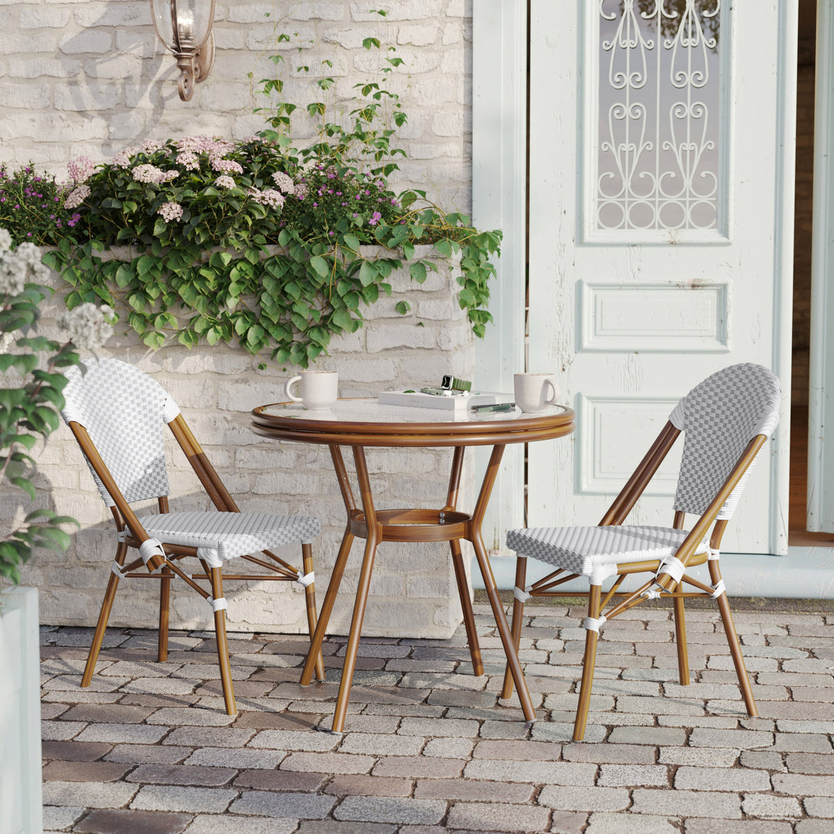 White & Gray Rattan/Natural Frame |#| Indoor/Outdoor Commercial Bistro Set with Table and 2 Chairs in Wht/Gray