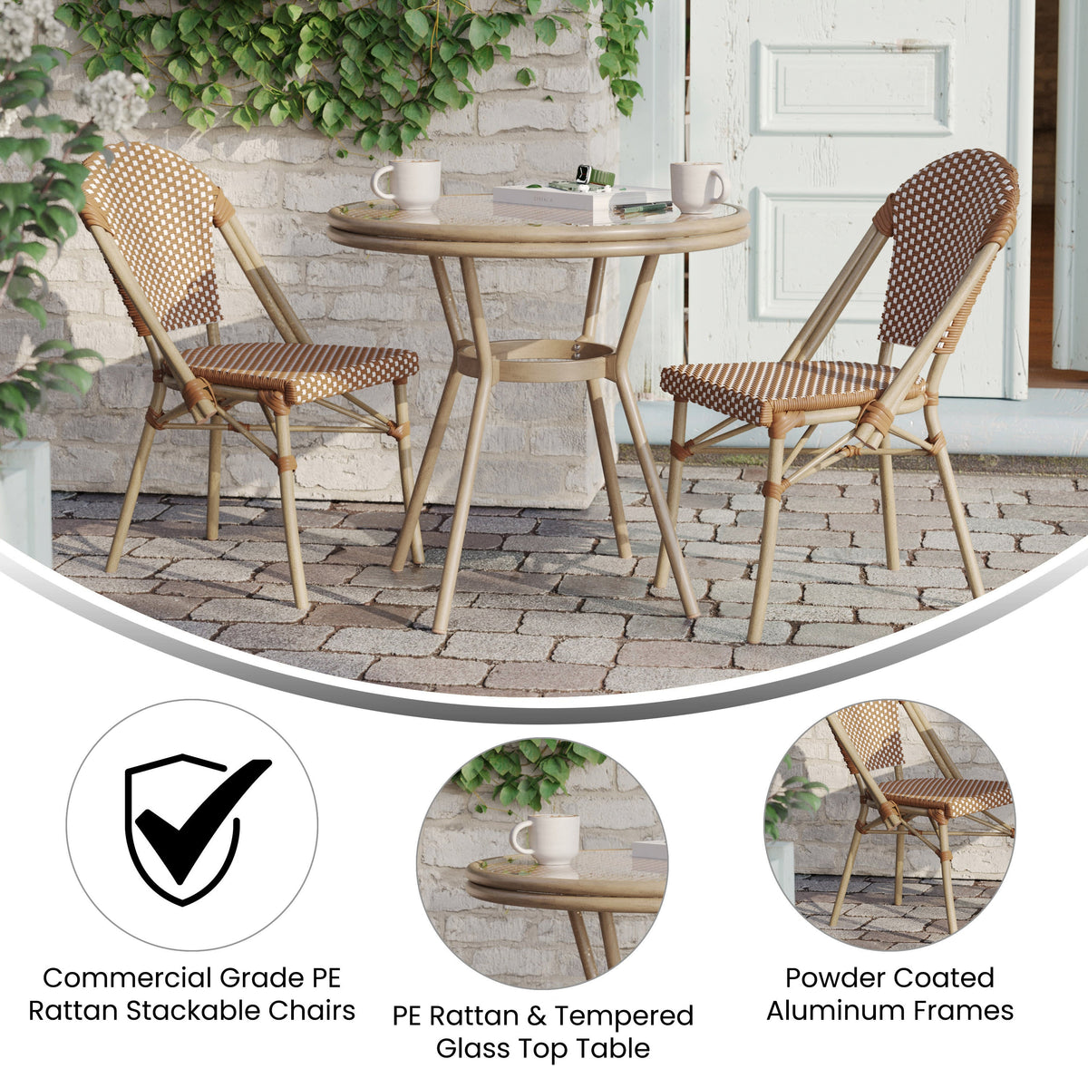 Natural & White Rattan/Light Natural Frame |#| Indoor/Outdoor Commercial Bistro Set with Table and Two Chairs in Nat/Wht