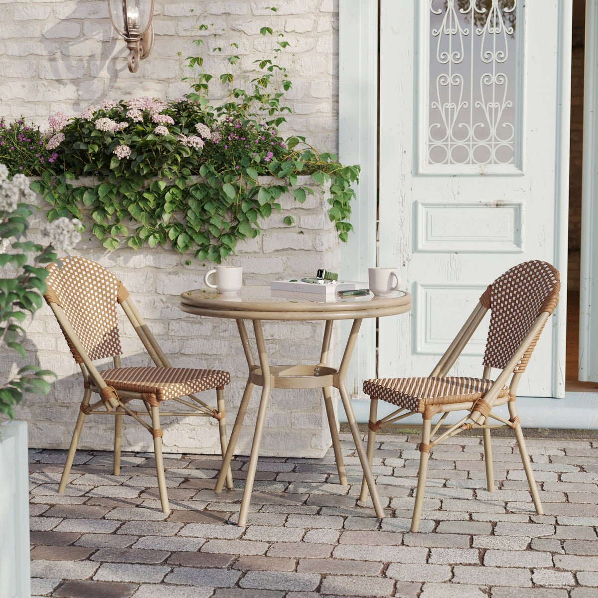 Natural & White Rattan/Light Natural Frame |#| Indoor/Outdoor Commercial Bistro Set with Table and Two Chairs in Nat/Wht