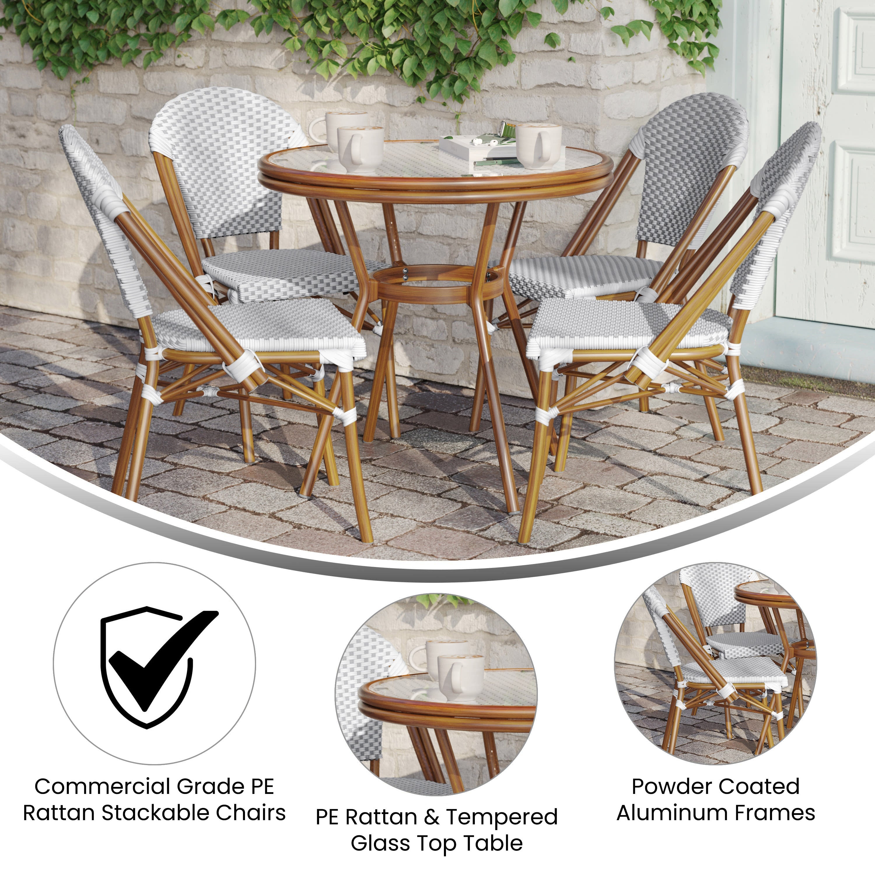PHI VILLA Round Outdoor Folding Bistro Table - Metal & Glass, Rattan Look, 16" X 20" (Black)