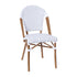 Lourdes Indoor/Outdoor Commercial French Bistro Stacking Chair, PE Rattan Back and Seat, Bamboo Print Aluminum Frame