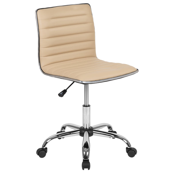 Tan Vinyl/Chrome Frame |#| Low Back Designer Armless Tan Ribbed Swivel Task Office Chair, Desk Chair