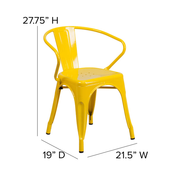 Yellow/Teak |#| All-Weather Metal Stack Chair with Arms and Poly Resin Seat - Yellow/Teak