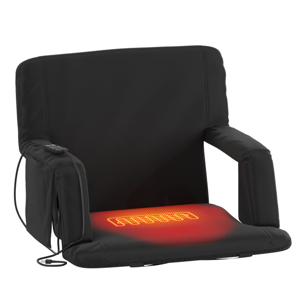 Extra Wide Foldable Reclining Heated Stadium Chair with Backpack Straps - Black