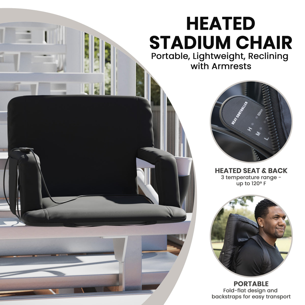 Extra Wide Foldable Reclining Heated Stadium Chair with Backpack Straps - Black