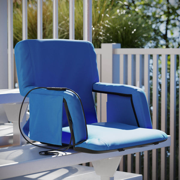 Blue |#| Foldable Reclining Stadium Chair with Backpack Straps and Heated Seat - Blue