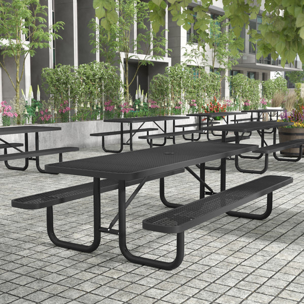 Black,8' |#| Commercial Grade 8' Rectangular Expanded Mesh Metal Outdoor Picnic Table - Black