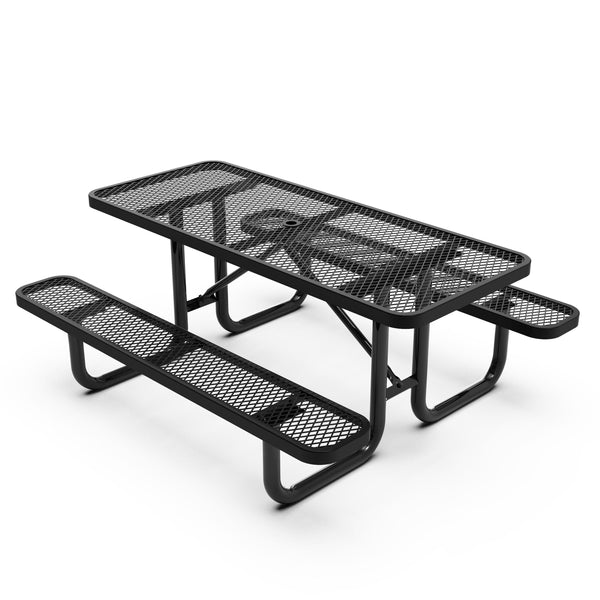 Black,6' |#| Commercial 6' Rectangular Expanded Mesh Metal Picnic Table with Anchors - Black