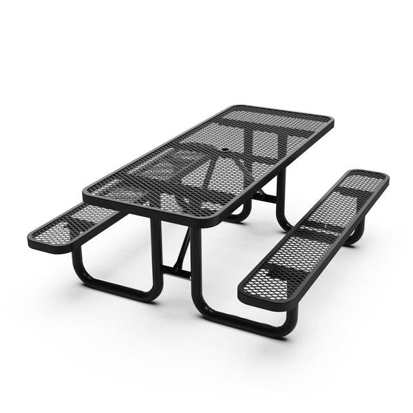 Black,6' |#| Commercial 6' Rectangular Expanded Mesh Metal Picnic Table with Anchors - Black