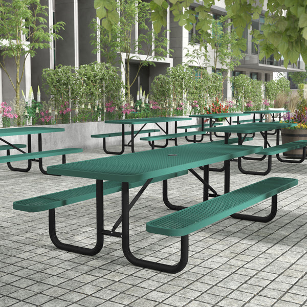 Green,8' |#| Commercial 8' Rectangular Expanded Mesh Metal Picnic Table with Anchors - Green