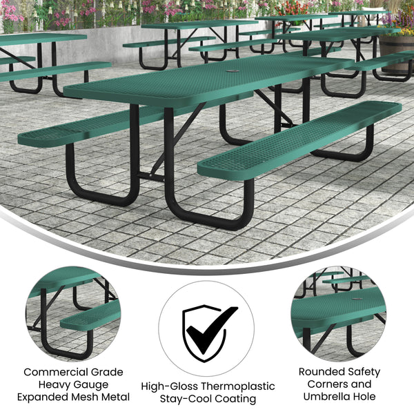 Green,8' |#| Commercial 8' Rectangular Expanded Mesh Metal Picnic Table with Anchors - Green