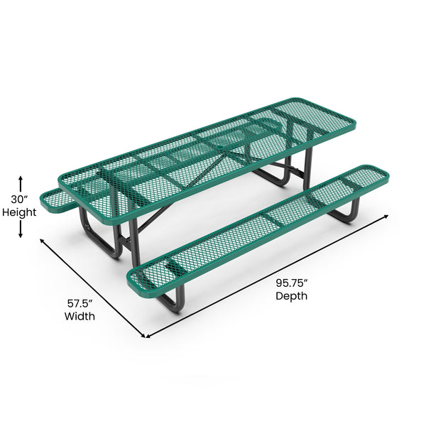 Green,8' |#| Commercial 8' Rectangular Expanded Mesh Metal Picnic Table with Anchors - Green