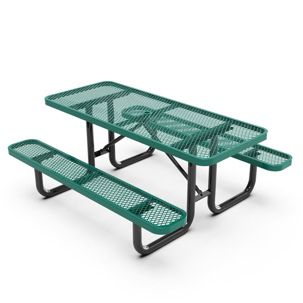 Green,6' |#| Commercial 6' Rectangular Expanded Mesh Metal Picnic Table with Anchors - Green