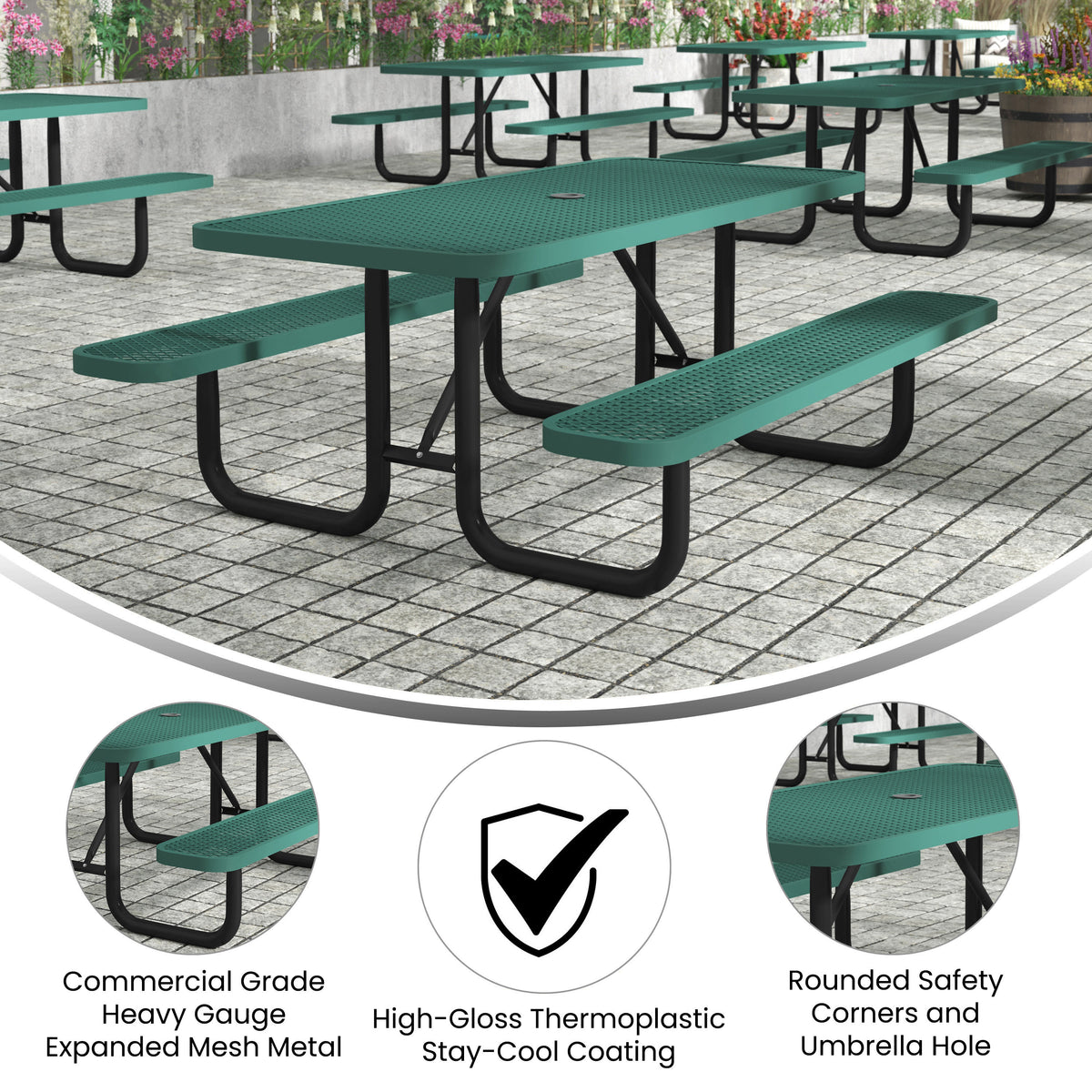 Green,6' |#| Commercial 6' Rectangular Expanded Mesh Metal Picnic Table with Anchors - Green