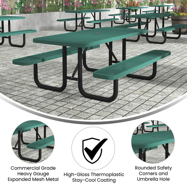 Green,6' |#| Commercial 6' Rectangular Expanded Mesh Metal Picnic Table with Anchors - Green