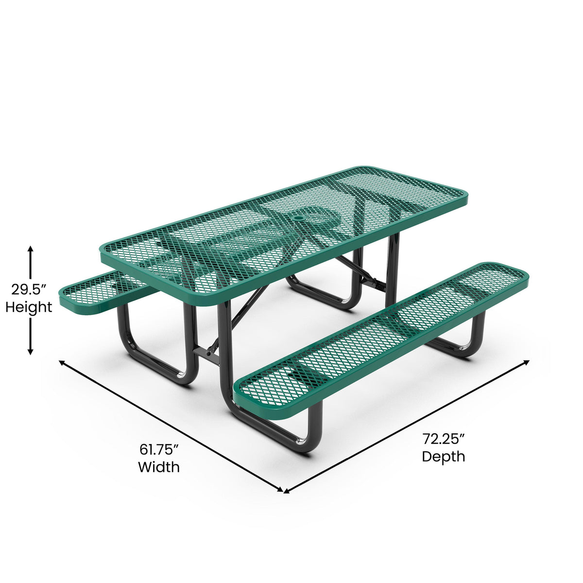 Green,6' |#| Commercial 6' Rectangular Expanded Mesh Metal Picnic Table with Anchors - Green