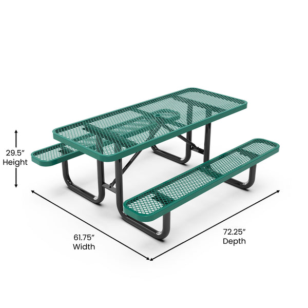 Green,6' |#| Commercial 6' Rectangular Expanded Mesh Metal Picnic Table with Anchors - Green