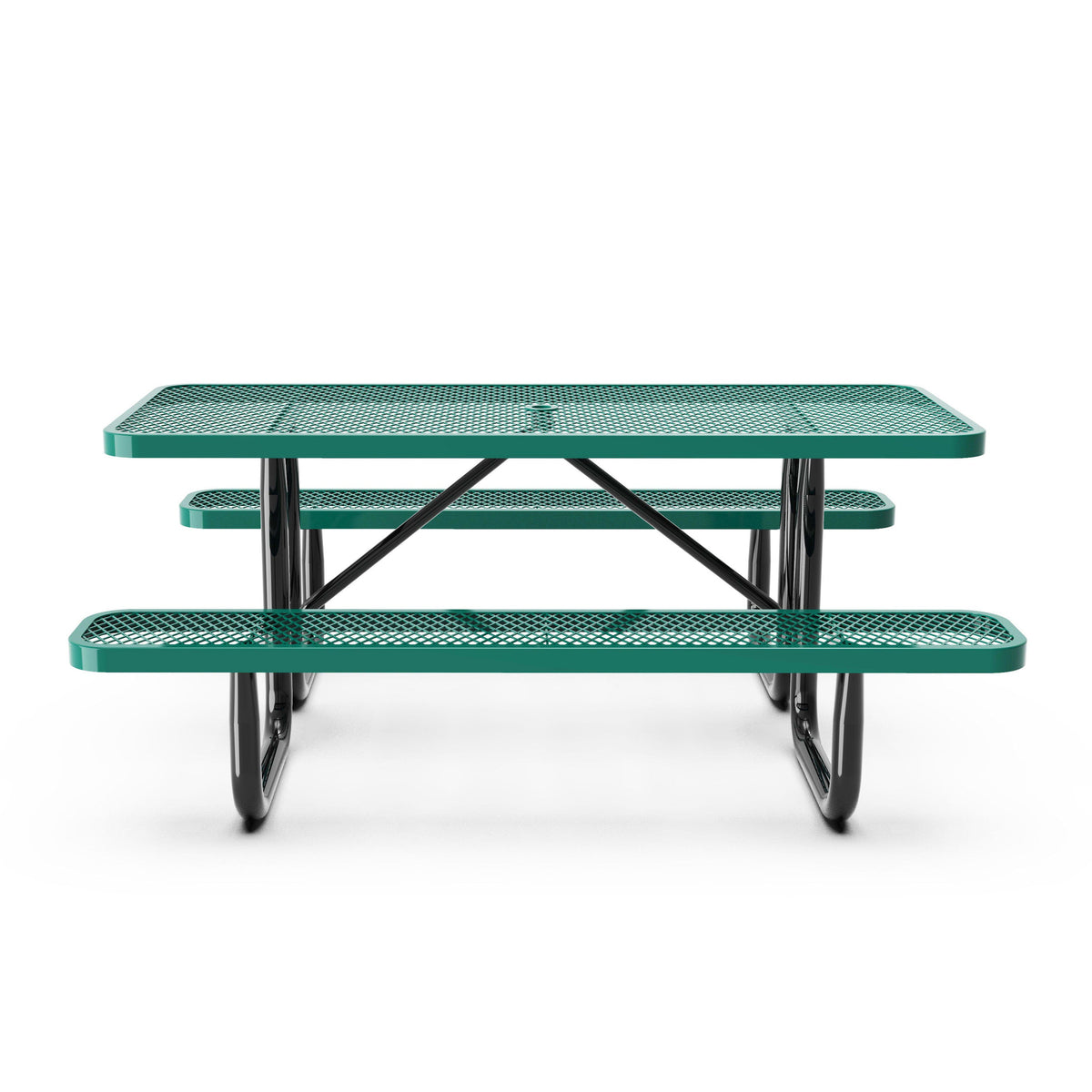 Green,6' |#| Commercial 6' Rectangular Expanded Mesh Metal Picnic Table with Anchors - Green