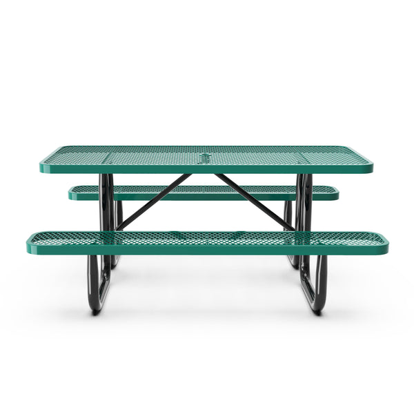 Green,6' |#| Commercial 6' Rectangular Expanded Mesh Metal Picnic Table with Anchors - Green
