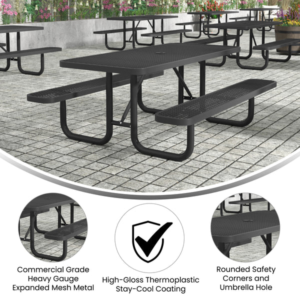 Black,6' |#| Commercial 6' Rectangular Expanded Mesh Metal Picnic Table with Anchors - Black