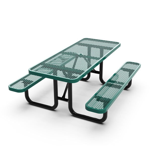 Green,6' |#| Commercial 6' Rectangular Expanded Mesh Metal Picnic Table with Anchors - Green