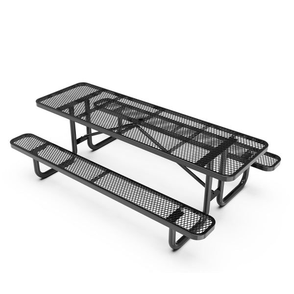 Black,8' |#| Commercial 8' Rectangular Expanded Mesh Metal Picnic Table with Anchors - Black
