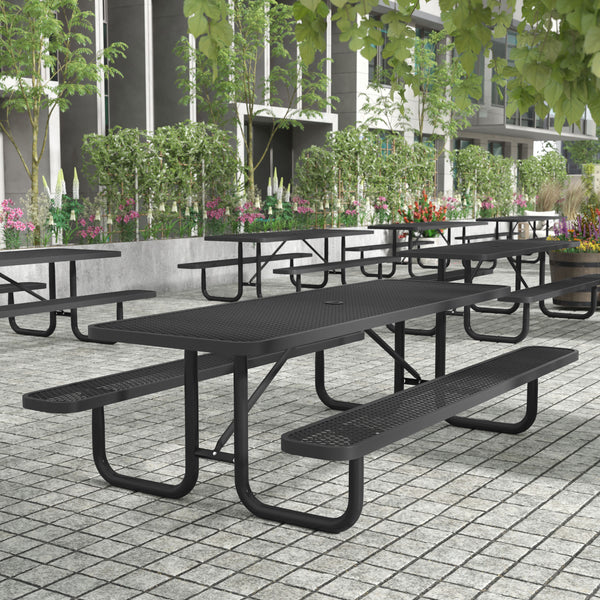 Black,8' |#| Commercial 8' Rectangular Expanded Mesh Metal Picnic Table with Anchors - Black
