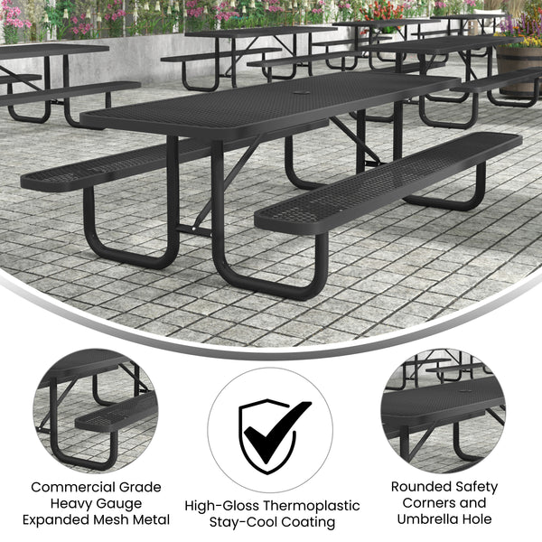 Black,8' |#| Commercial 8' Rectangular Expanded Mesh Metal Picnic Table with Anchors - Black