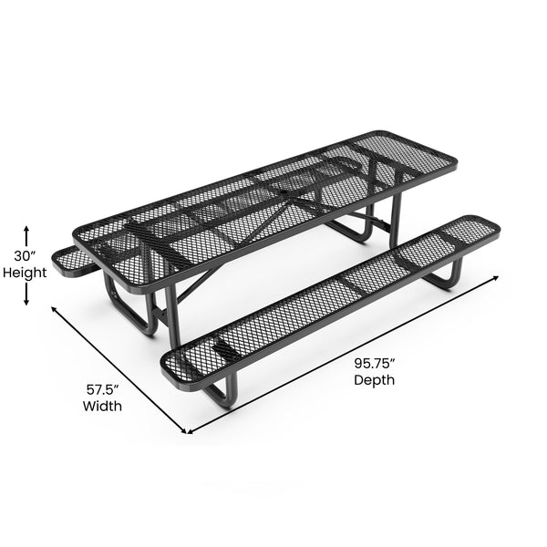 Black,8' |#| Commercial 8' Rectangular Expanded Mesh Metal Picnic Table with Anchors - Black