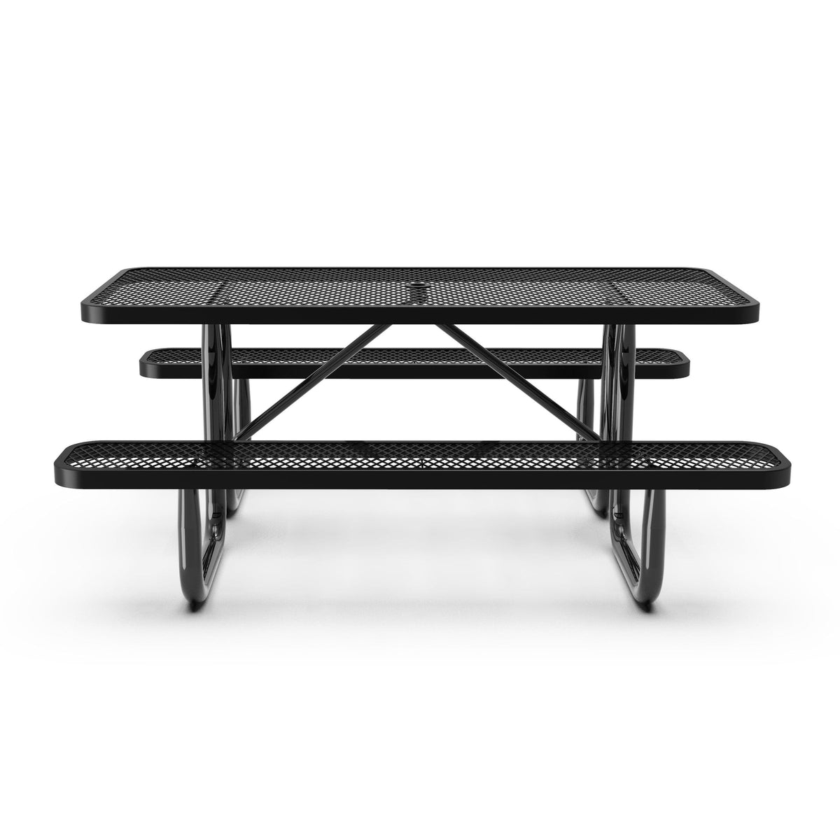 Black,6' |#| Commercial 6' Rectangular Expanded Mesh Metal Picnic Table with Anchors - Black