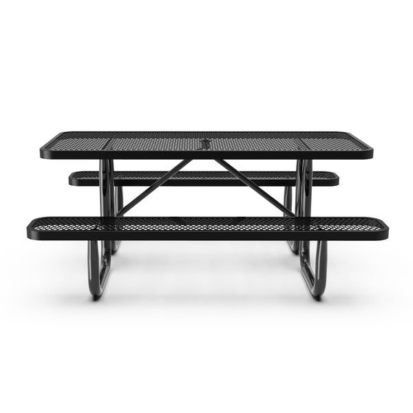 Black,6' |#| Commercial 6' Rectangular Expanded Mesh Metal Picnic Table with Anchors - Black