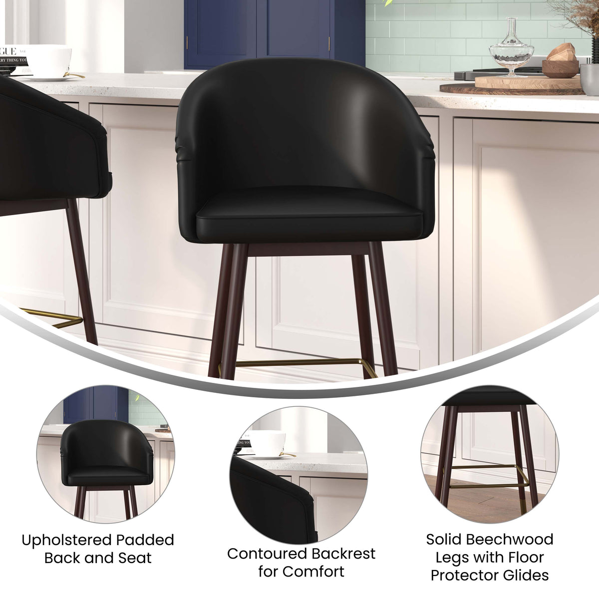 Black |#| Commercial 26inch Mid-Back Counter Stool with Wood Legs - Black LeatherSoft/Walnut