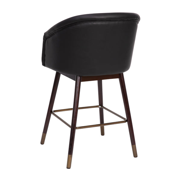 Black |#| Commercial 26inch Mid-Back Counter Stool with Wood Legs - Black LeatherSoft/Walnut