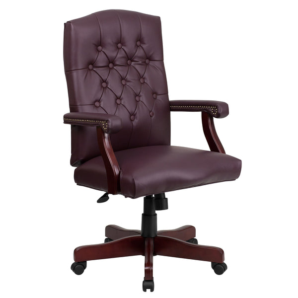 Burgundy LeatherSoft/Mahogany Frame |#| Martha Washington Burgundy LeatherSoft Executive Swivel Office Chair with Arms