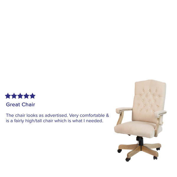 Ivory Microfiber/Driftwood Frame |#| Ivory Microfiber Classic Executive Swivel Office Chair with Driftwood Base