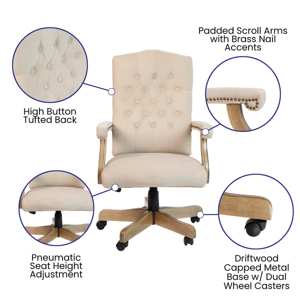 Ivory Microfiber/Driftwood Frame |#| Ivory Microfiber Classic Executive Swivel Office Chair with Driftwood Base