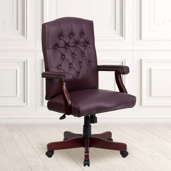 Burgundy LeatherSoft/Mahogany Frame |#| Martha Washington Burgundy LeatherSoft Executive Swivel Office Chair with Arms