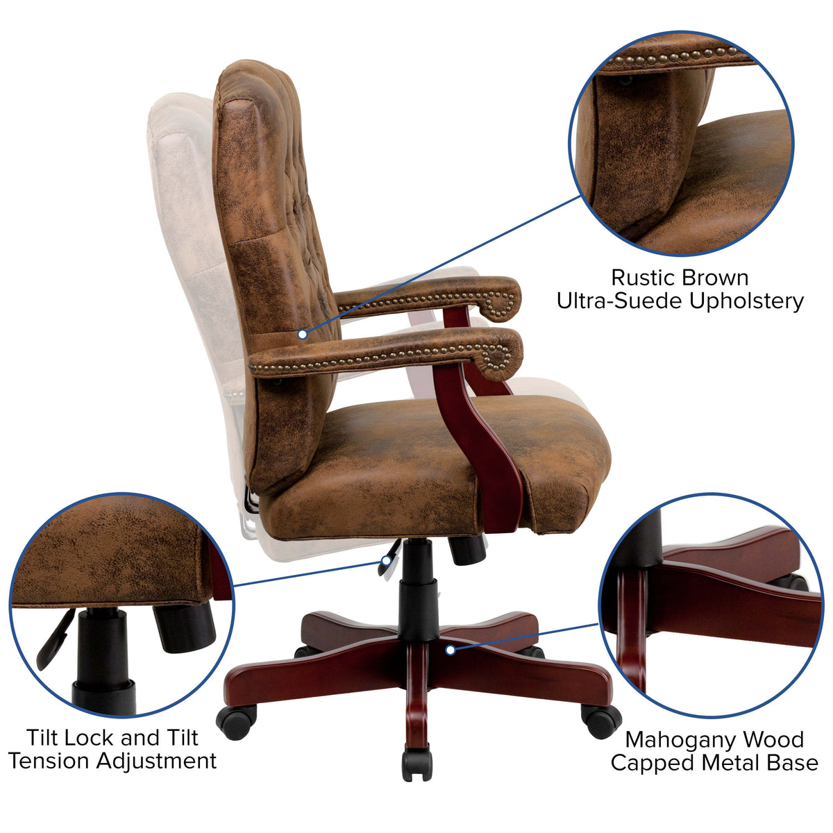 Bomber Brown Microfiber/Mahogany Frame |#| Bomber Brown Classic Executive Swivel Office Chair with Arms - Task Chair