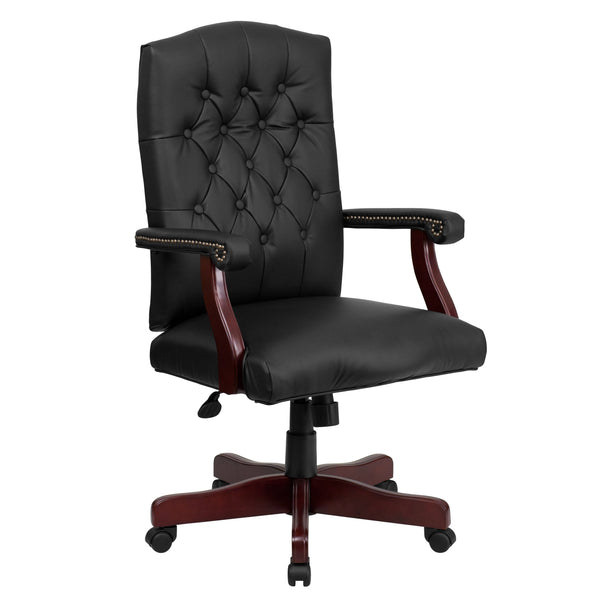 Black LeatherSoft/Mahogany Frame |#| Martha Washington Black LeatherSoft Executive Swivel Office Chair with Arms