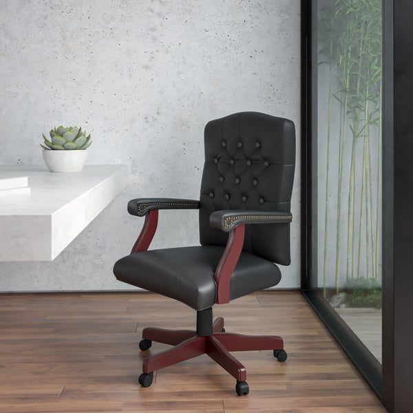 Black LeatherSoft/Mahogany Frame |#| Martha Washington Black LeatherSoft Executive Swivel Office Chair with Arms