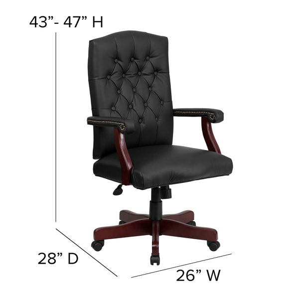 Black LeatherSoft/Mahogany Frame |#| Martha Washington Black LeatherSoft Executive Swivel Office Chair with Arms