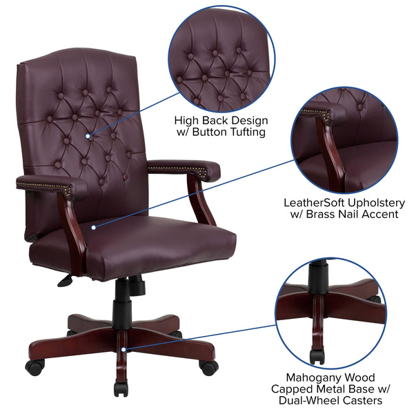 Burgundy LeatherSoft/Mahogany Frame |#| Martha Washington Burgundy LeatherSoft Executive Swivel Office Chair with Arms