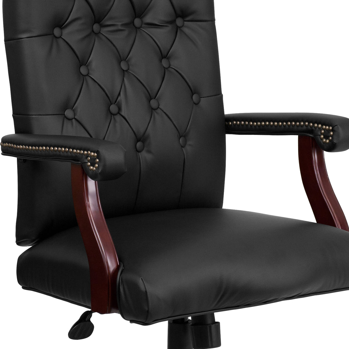 Black LeatherSoft/Mahogany Frame |#| Martha Washington Black LeatherSoft Executive Swivel Office Chair with Arms