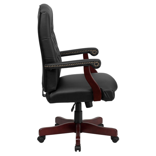 Black LeatherSoft/Mahogany Frame |#| Martha Washington Black LeatherSoft Executive Swivel Office Chair with Arms