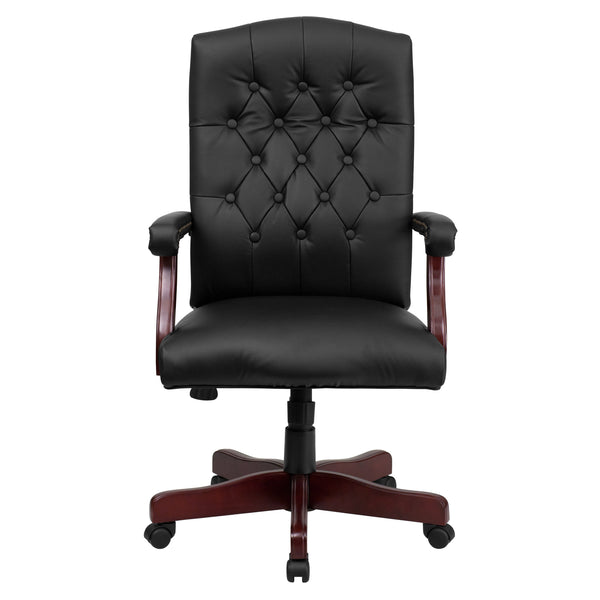 Black LeatherSoft/Mahogany Frame |#| Martha Washington Black LeatherSoft Executive Swivel Office Chair with Arms