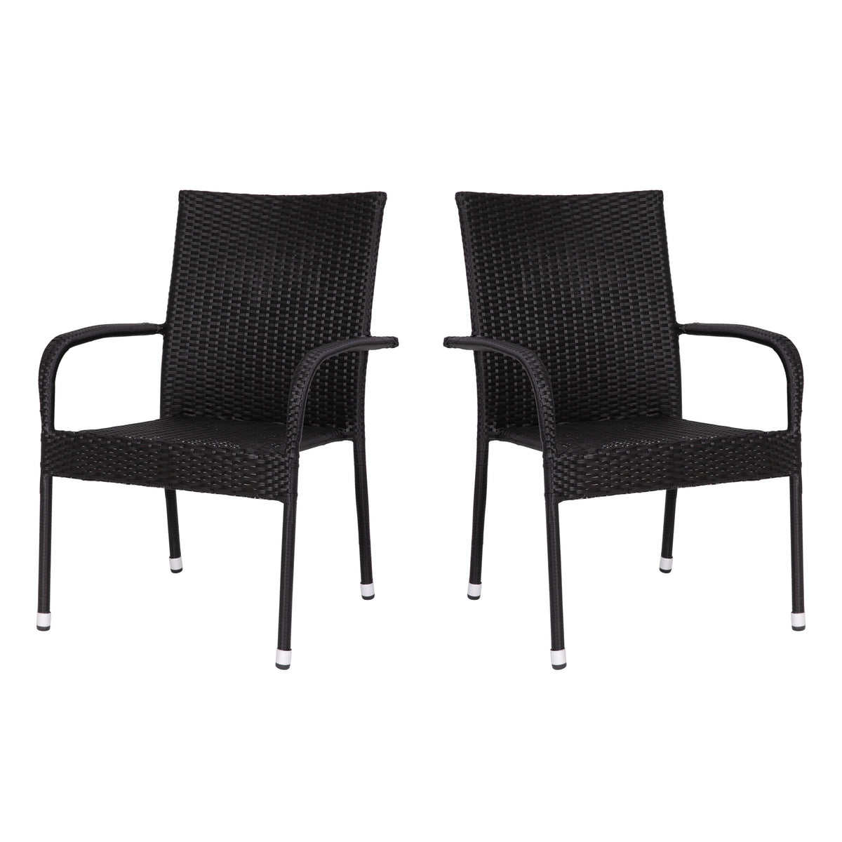 Black |#| Indoor/Outdoor Stacking Steel Framed Black Wicker Dining Armchairs - 2 Pack